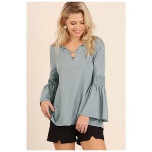 Tops - Blue Top with Bell Sleeves/Keyhole/Criss Cross S/M Tops - Blue Top with Bell Sleeves/Keyhole/Criss Cross S/M